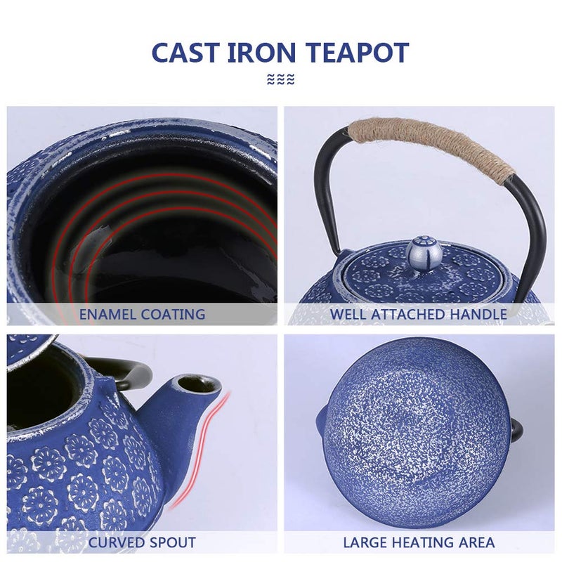 U-Fine Ufine Blue Floral Cast Iron Teapot Set Japanese Style Tetsubin Tea Kettle with 4 Cups, Stainless Steel Infuser for Stove Top Tea Brewing 28 oz - Image 5